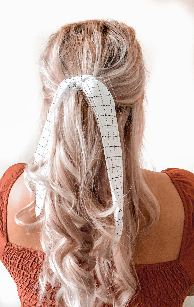 Hair Ribbon / Neck Tie - White Grid Print